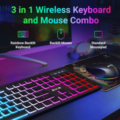 AULA Wireless Keyboard and Mouse Combo, RGB Backlit, Rechargeable & 2.4GHz Quiet Wireless Gaming Keyboard Mouse, Full-Size Ergonomic Keyboard Mouse & Mousepad Combo for PC, Windows and Mac Color Purple & Green